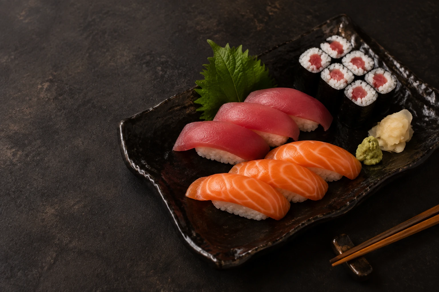 Nigiri und Maki auf dunkler Keramik – illustrativer Serviervorschlag